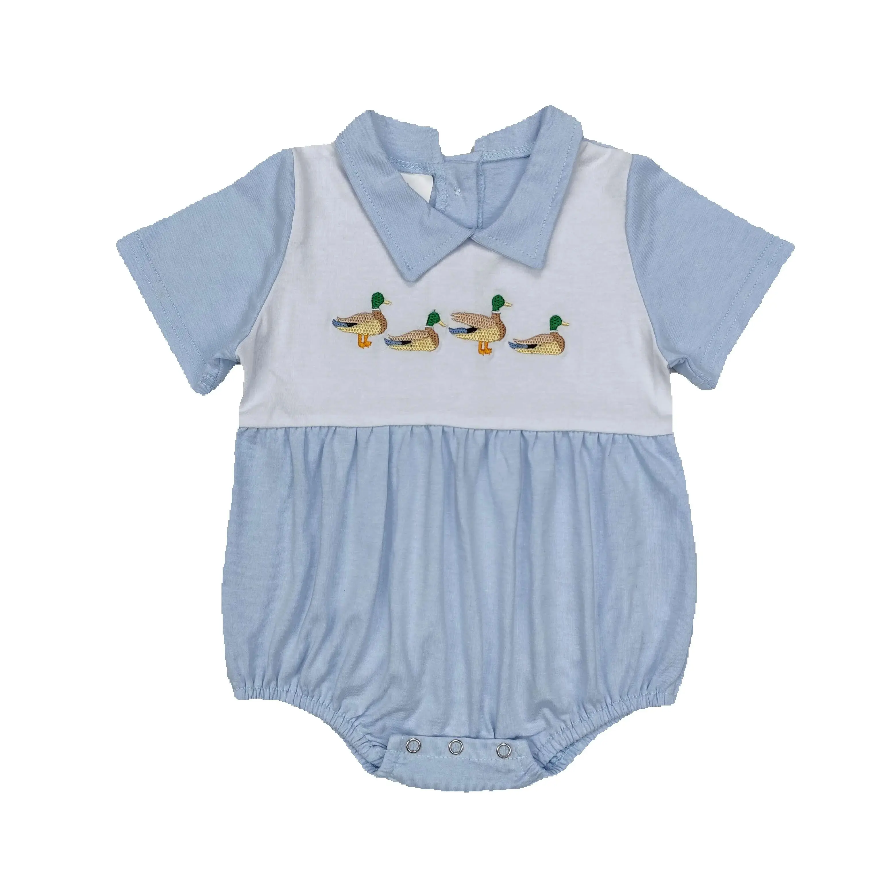 SR2071 Kids Baby Boy Clothes Short Sleeves Embroidered duck blue and white doll collar Print With Jumpsuit Children Clothes Rts