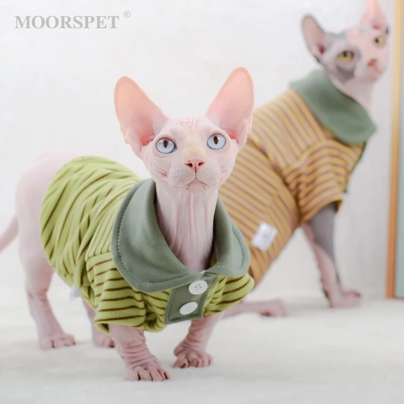 Hairless Cat Clothes Autumn Elastic German Velvet Stripe Bottomed Polo Shirt Cat Clothes Kitty