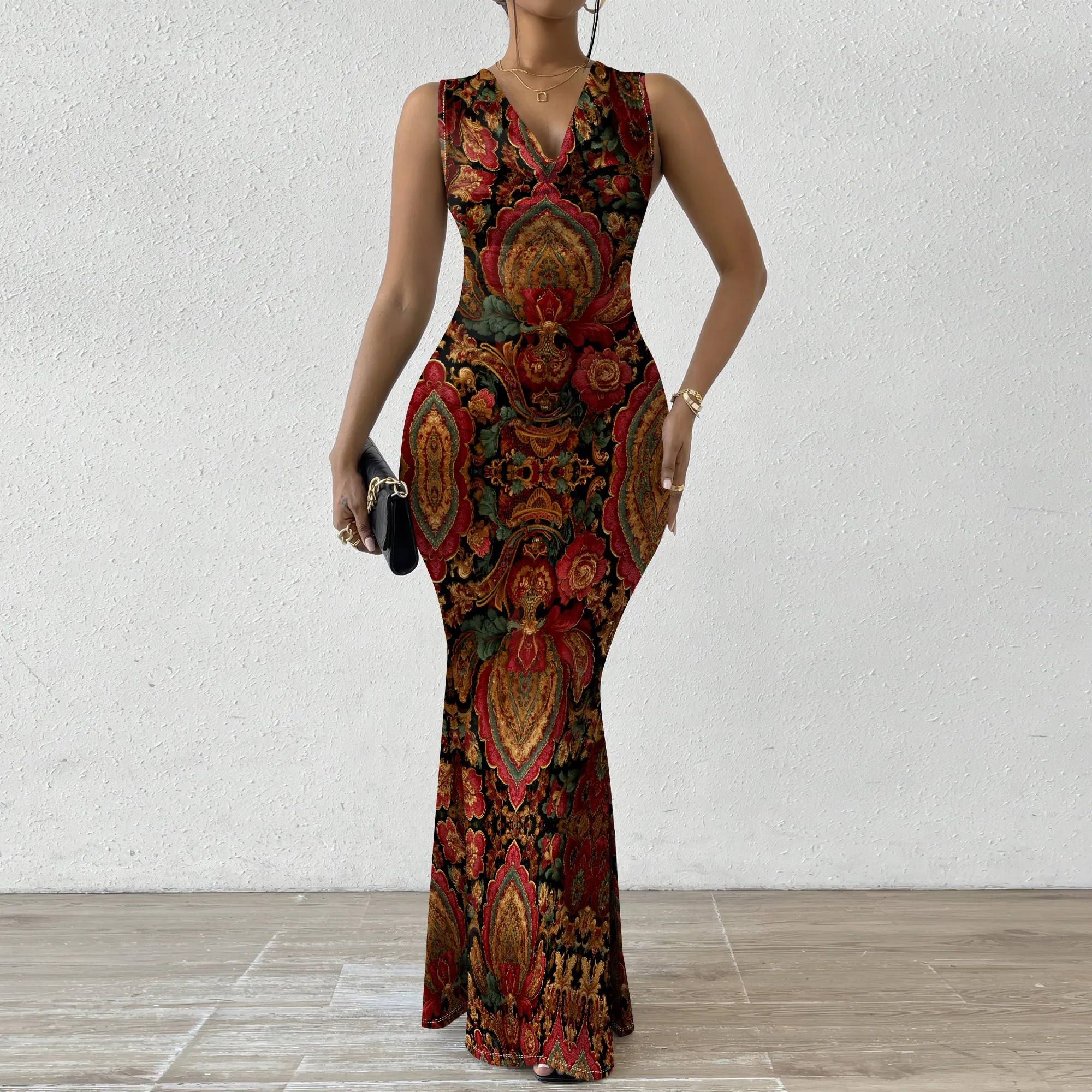 

Baroque Floral Maxi Dress XS-2XL Sleeveless V-Neck Bodycon Style for Holiday Dinner, Fall Wedding or Cultural Evening Look