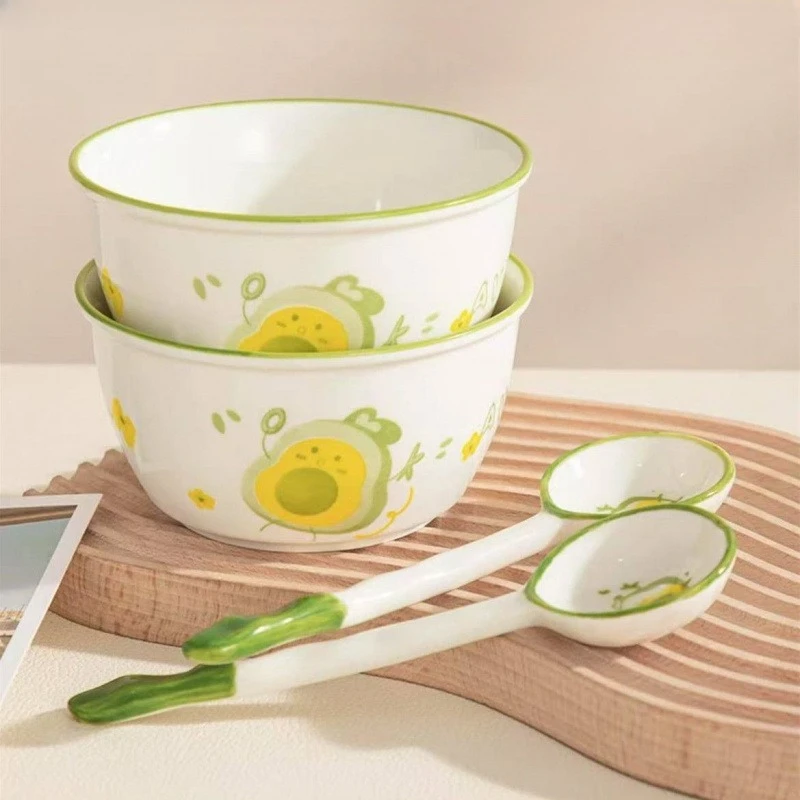 2 Set Cute Avocado Ceramic Bowl with Spoon Creative Kawaii Soup Bowl Home Kitchen Noodle Ramen Tableware Bowl