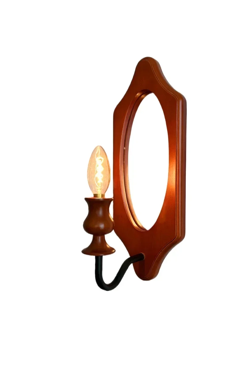 Country solid wood walnut color mirror wall lamp bedside living room medieval lampбра настенные벽조명 applique murale-מנורת קיר