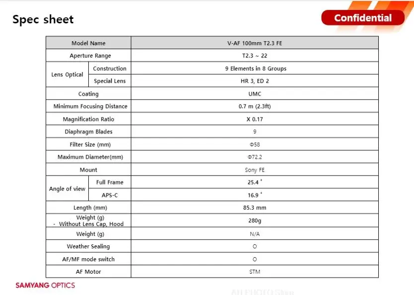 Samyang V-AF 100mm T2.3 AF FE Cine Lens Full Frame for Sony FE Mount Compatible For FX6 FX9 A9 A9II A7RIV A7RIII A7III A7C zve10