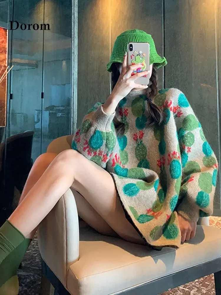 Vintage Cactus Green Sweaters Woman Autumn Korean O-Neck Casual Oversized Knitted Pullover Y2k Warm Harajuku Loose Jumper Female