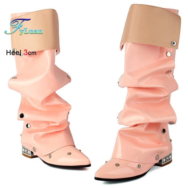 

Winter Pink Pleated Rivets Rhinestone Women's Knee High Boots Pointed Toe Thick Heels 3cm Back Zipper Snap-fastener Pearl Boots