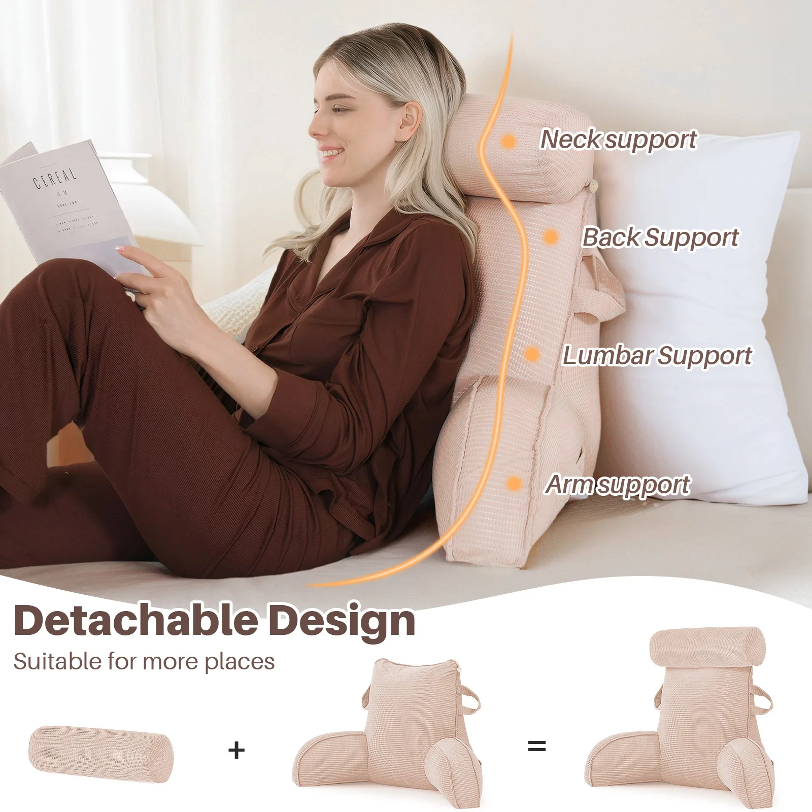 Lesekissen für Bett und Sofa mit abnehmbarem Bezug - Rückenkissen fürs Bett - Memory-Schaum-Lesekissen mit Armlehne, ideal zum Lesen, Fernsehen, Entspannen oder als Rückenstütze – Detail 14
