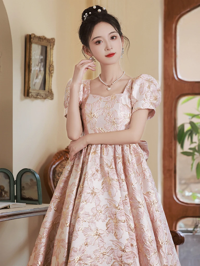 

Satin A-line Cocktail Dress Detachable Bow Jacquard Square Collar Puff Sleeve Ceremony Wedding Prom Formal Occasion Evening Gown