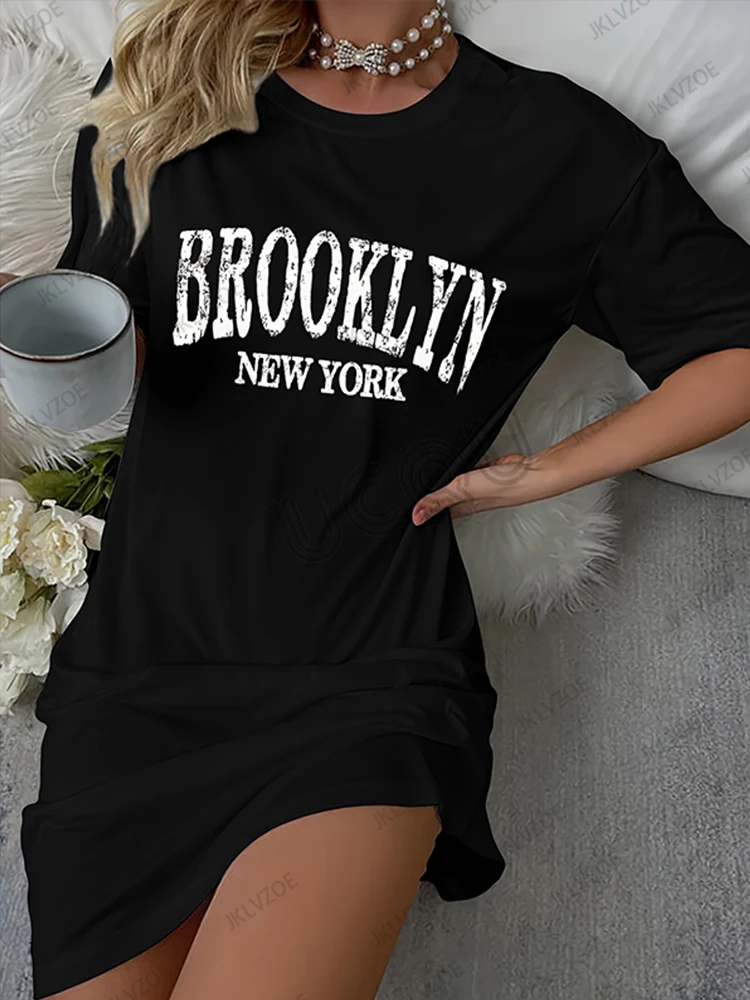 Nova arriavl verão brooklyn carta impressa feminina manga curta camiseta vestido cor sólida solta casual esportes moda vestido