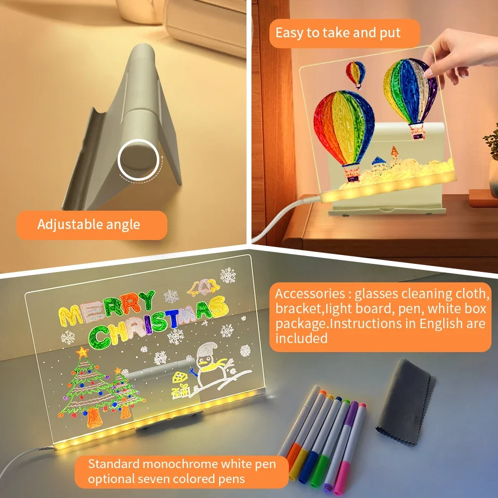 LED Luminous Drawing BOARD ของเล่น Night Light ข้อความหมายเหตุอะคริลิควาด 7 ปากกาสีสัน Erasable Writing สําหรับเด็ก