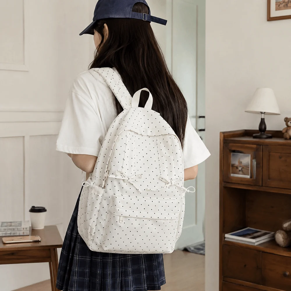 Y2k Sweet Polka Dot Backpack Bow Design Lightweight Minimalist Rucksack Durable Large Capacity Student School Bag Travel Use