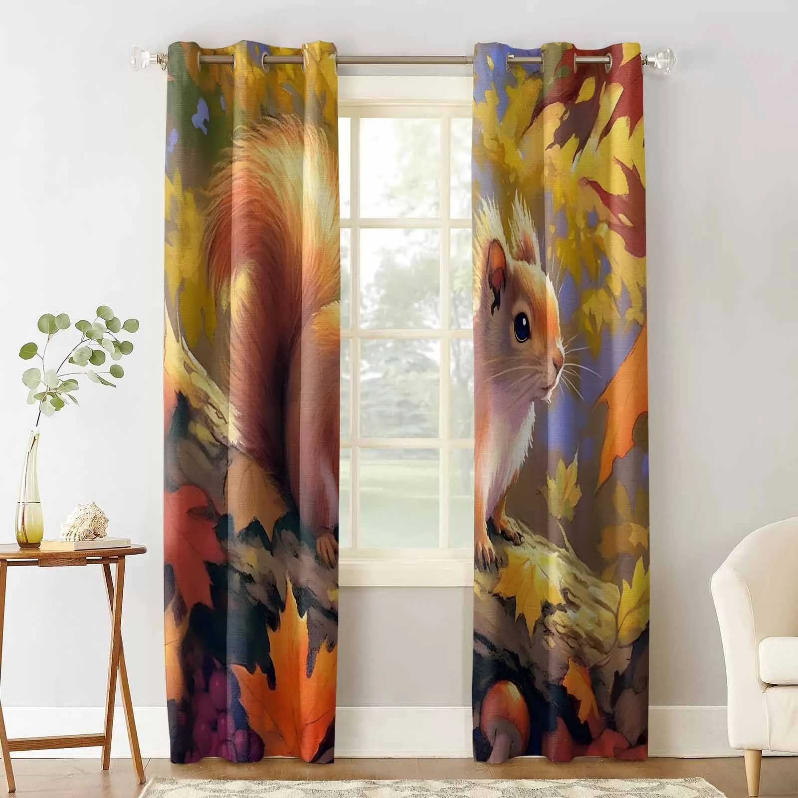 Forest Squirrel Maple Leaf Mushroom Blackout Curtains For Living Room Bedroom Window Treatment Blinds Drapes