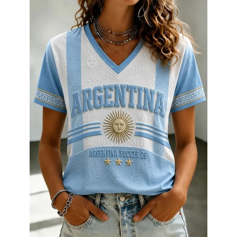 New 2026 women's light blue Argentina-style 3D-print soccer jersey, suitable for casual wear and training.