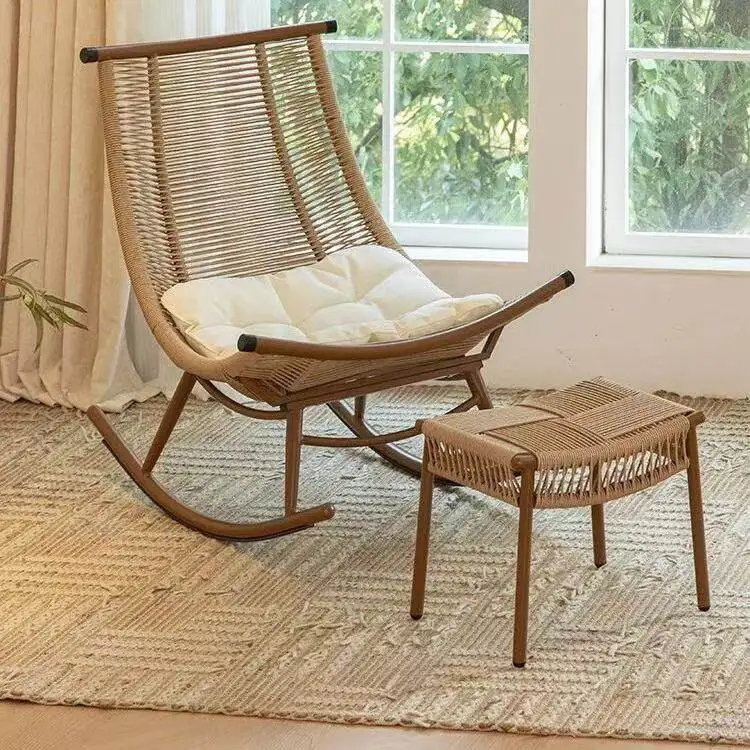 Popular Modern Durable Rattan Recliner Lounge Chair With Soft Cushion Hand-woven Cord For Living Room Bedroom & Hotel Use