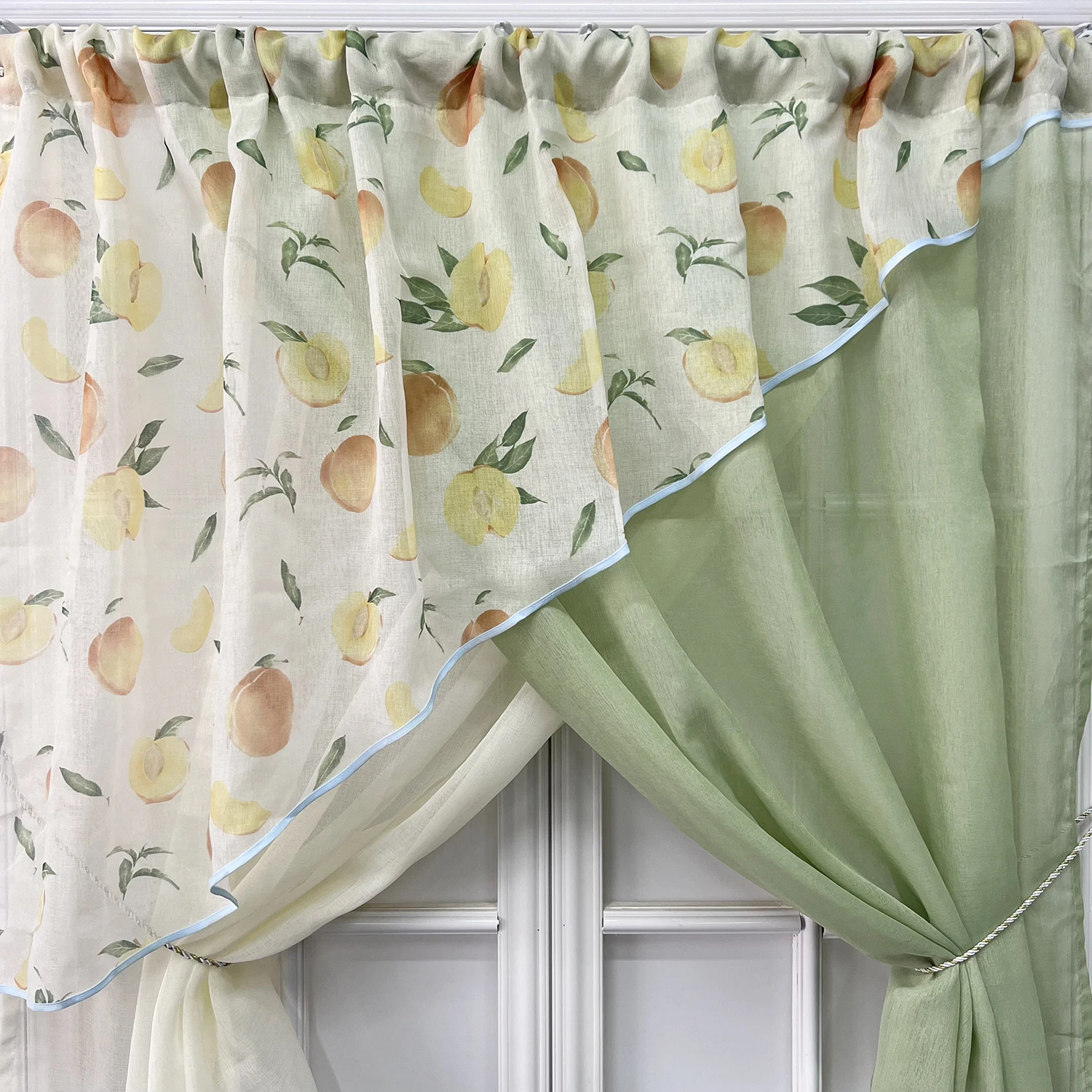 1set Green Pastoral Crossed Semi Sheer Curtain For Kitchen Light Filtering Tulle Short Curtain Door Window Living room Partition