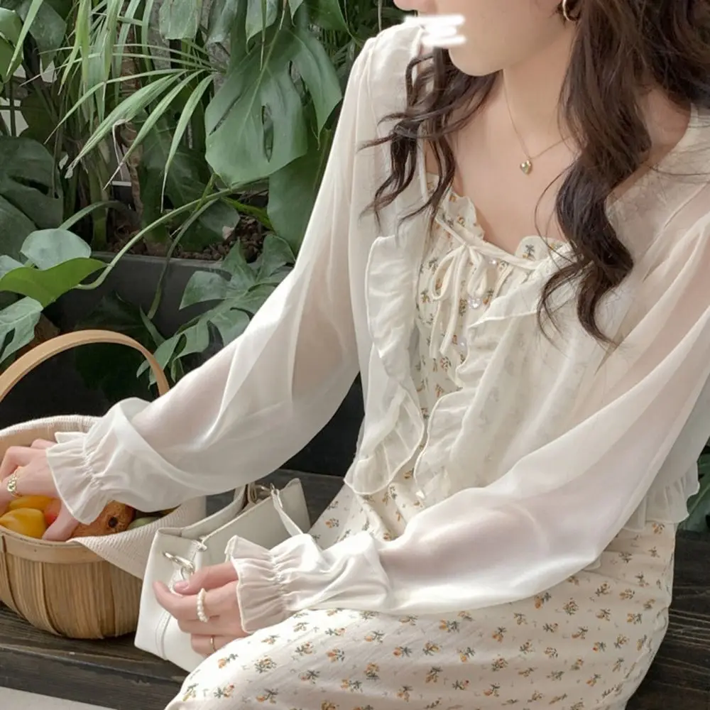 

Летняя солнцезащитная накидка из шифона с оборками, длинными рукавами, короткий кардиган в корейском стиле, кружевная шаль-кардиган, солнцезащитная шаль