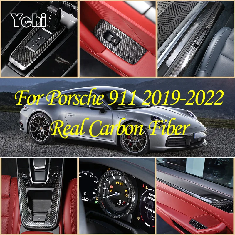 Real Carbon Fiber For Porsche 911 992 2019-2022 Inner Door Central Control Gear Panel Cover Door Sill Trim Stickers Accessories