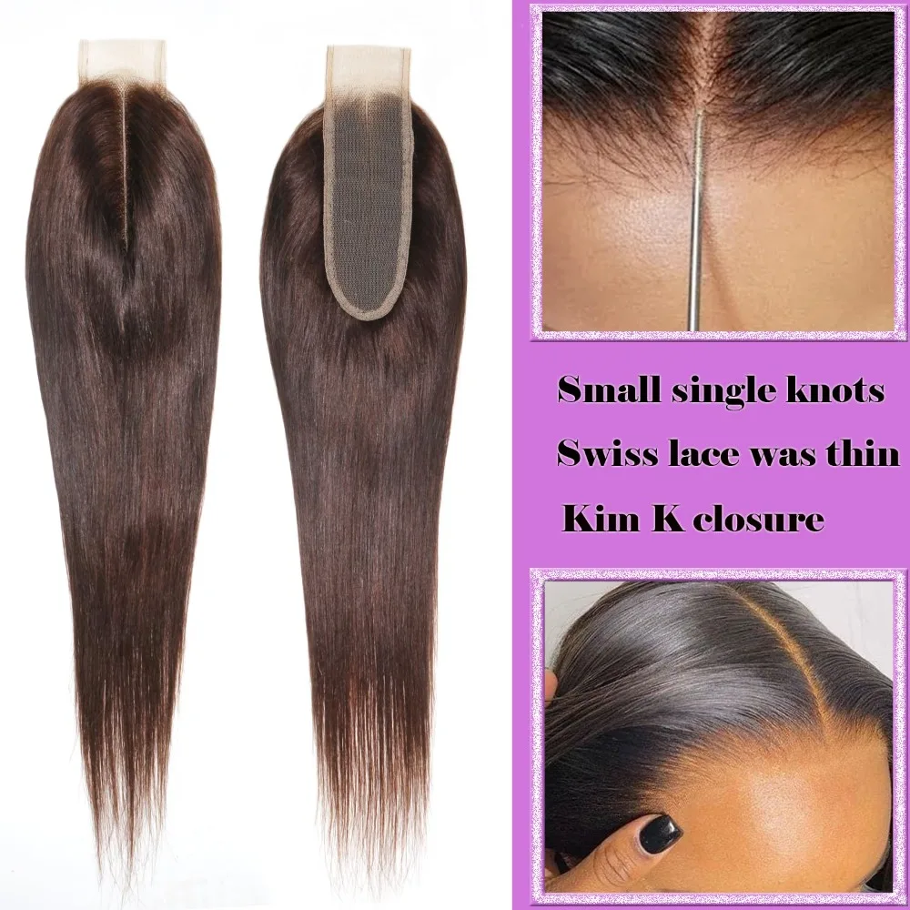 Цвет 2, темно-коричневые прямые 2x6, человеческие волосы, кружевная застежка, длинный глубокий пробор, бразильские девственные волосы, 10-22 дюйма, плотность 150%, полный конец
