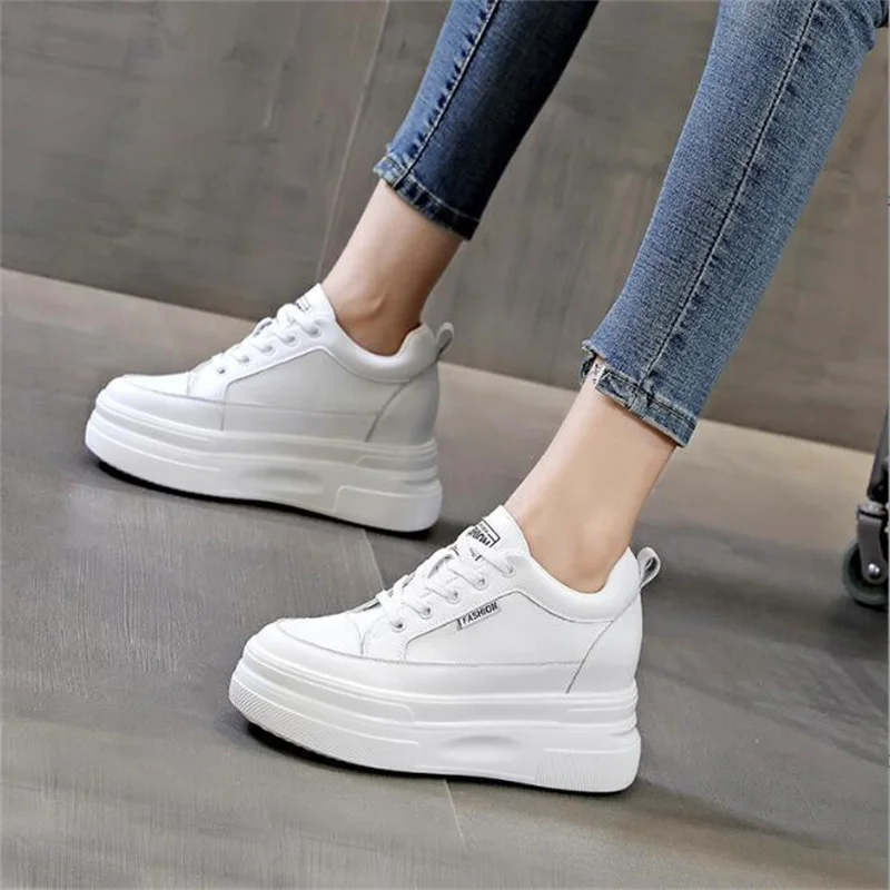 Spring Genuine Leather Platform Wedge Hidden Heel Luxury Comfortable Sneakers New Chunky Casual Women Fashion Lady White Shoes