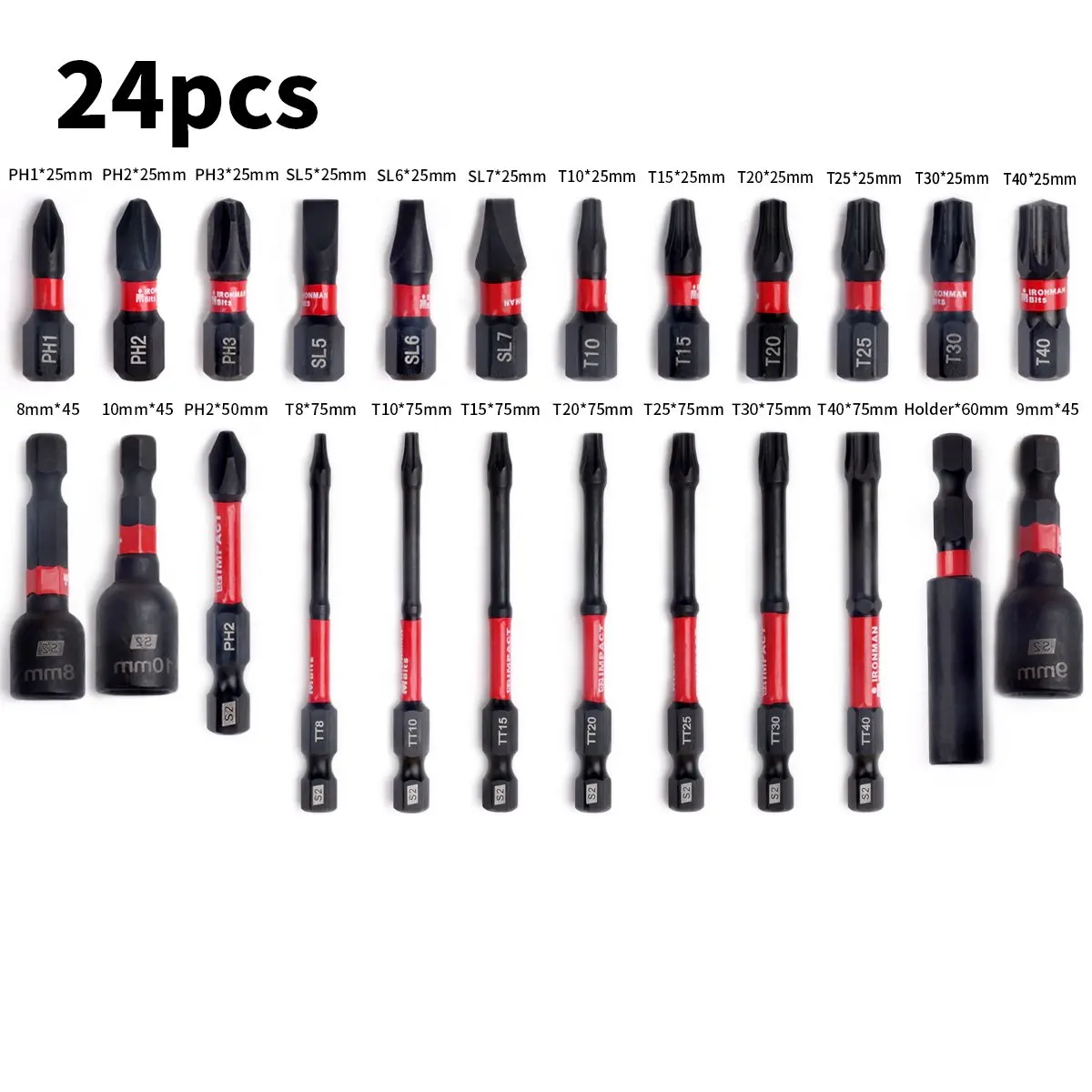 24 pçs conjuntos de bits de chave de fenda de impacto com manga organizador 1pc titular bit magnético misturado torx cruz plana conjunto de bits elétricos
