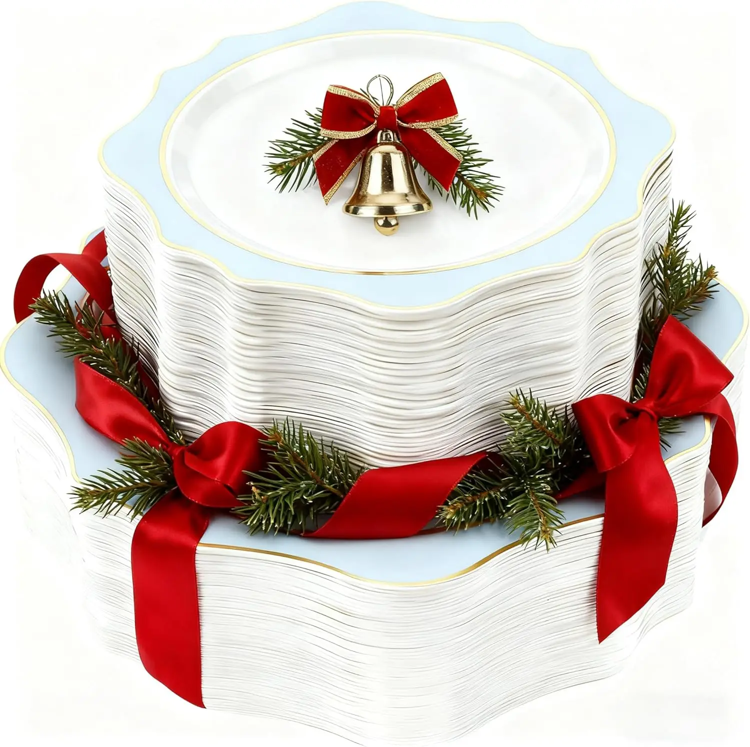 

100 PCS White and Blue Disposable Plates for 50 Guests, Scalloped Plastic Plates for Party, Wedding, Graduation