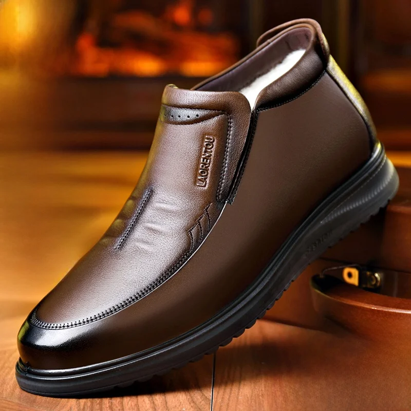 

Warm Anti-Slip Casual High Top Leather oes for Men ly Head Layer Cowhide Woolen Inner Comfortable Winter Cotton oes