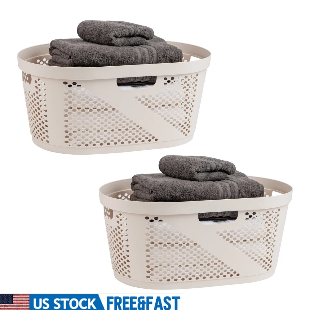 

Set of 2 40L Laundry Hampers with Lid Ventilated Plastic Storage Baskets Lightweight Durable Easy Clean Home Organization