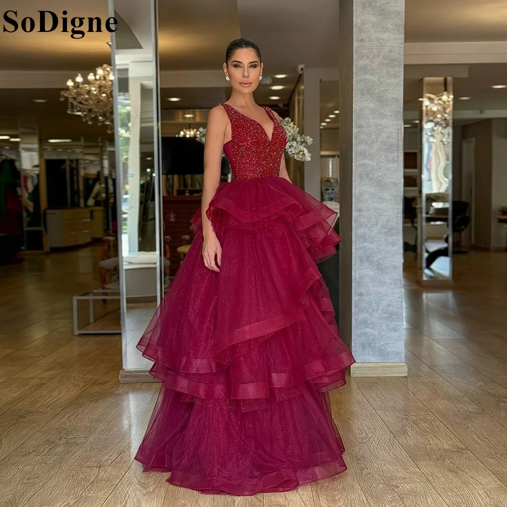 

SoDigne Glitter Burgundy Evening Dresses V-Neck Beading Sequins Tiered Ruffles Pleated Party Dress 2024 Prom Gowns Customized