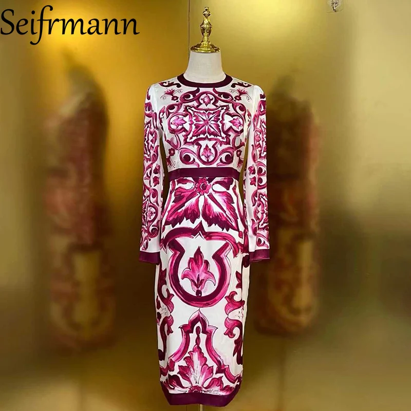 Seifrmann 2026 Frühling Damen Neues Modisches Rundhals-Langarmkleid aus Seide mit Print und Taillenbund