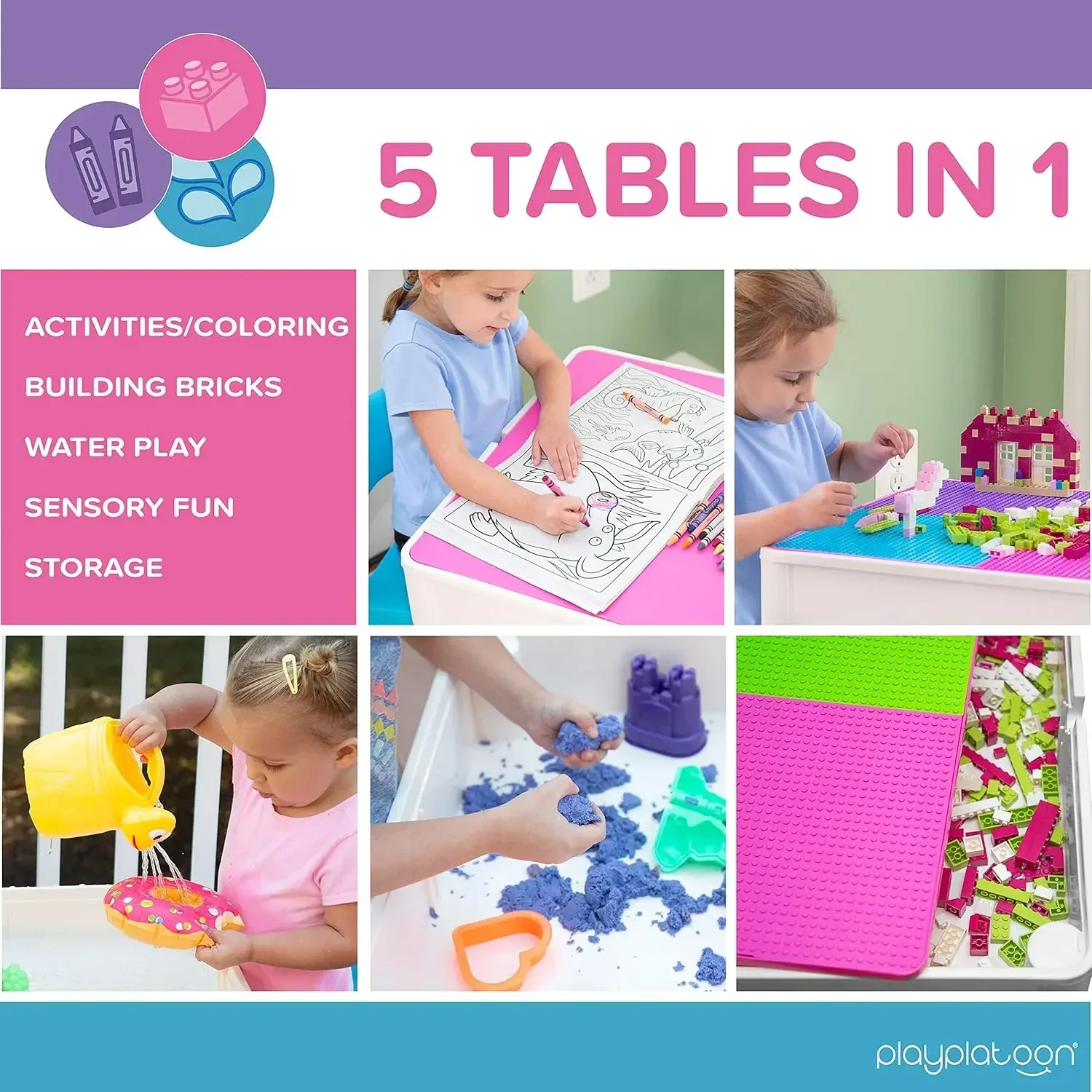 Kids Table and Chairs Set, Toddler 5 in 1 Activity Table - Sensory, Water, Art, Picnic, Blocks with Storage for Girls Ages 2 to