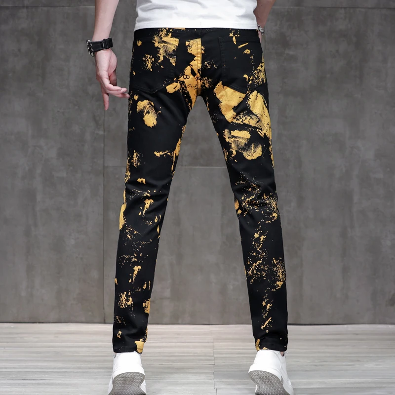 Personalized gold paint printed jeans men's fashion street fashion slim fit skinny stretch casual black trousers
