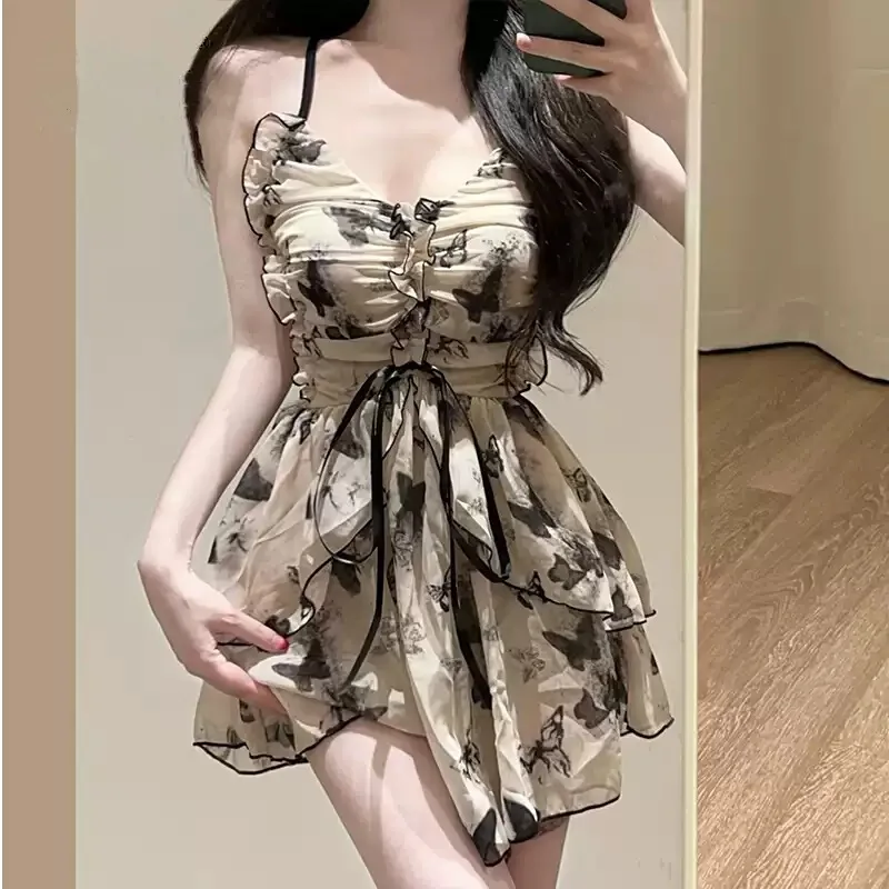 

2026 Retro Modest Women's One-Piece Swimsuit Butterfly Skirted Boyshort Tummy Control Slim Backless Sexy Beach