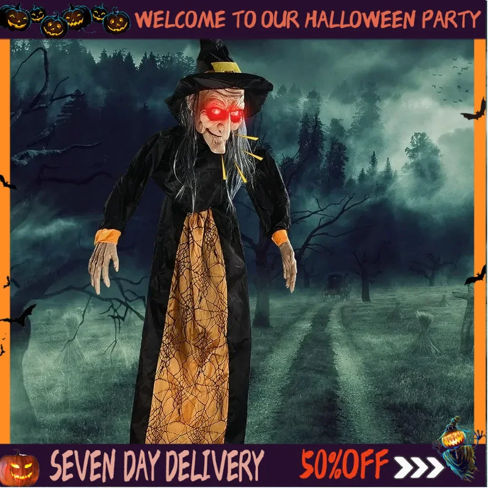 

Halloween Party Supplies Animated Witch with LED Eyes Halloween Decor Life Size Hanging Haunted House Party Prop Screaming Scary