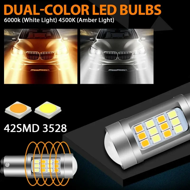 

2pcs White Yellow Dual Color Turn Signal Light 1157 T25 3157 2835 42SMD with Turn Daytime Running Light
