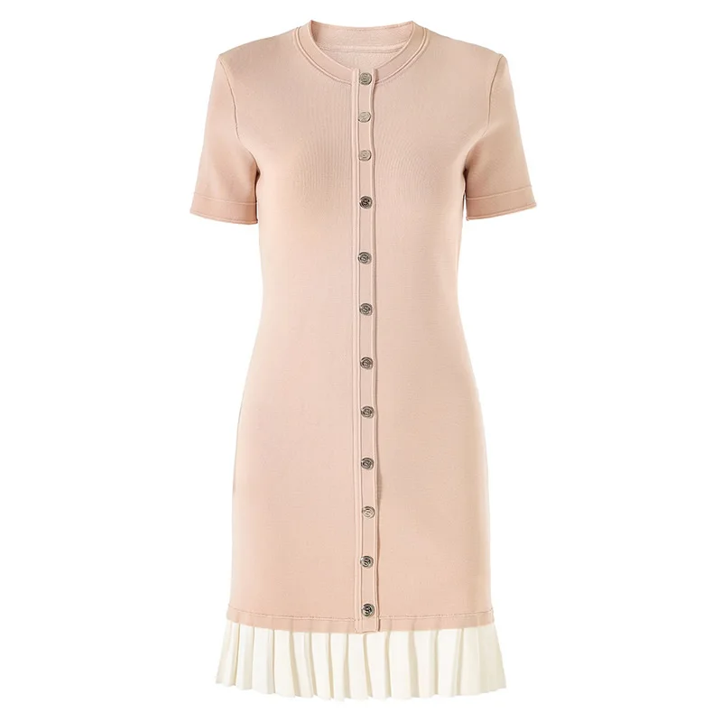 

Fashion Patchwork Women Jersey Dress O-Neck Short Sleeve Pleated Dresses