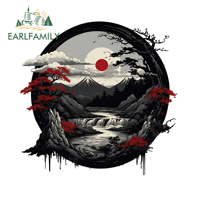 

EARLFAMILY красное солнце со старой веткой, автомобильные наклейки, оригинальный черный стиль, виниловая наклейка на окна с цветком сливы, наклейки для ноутбука, каравана