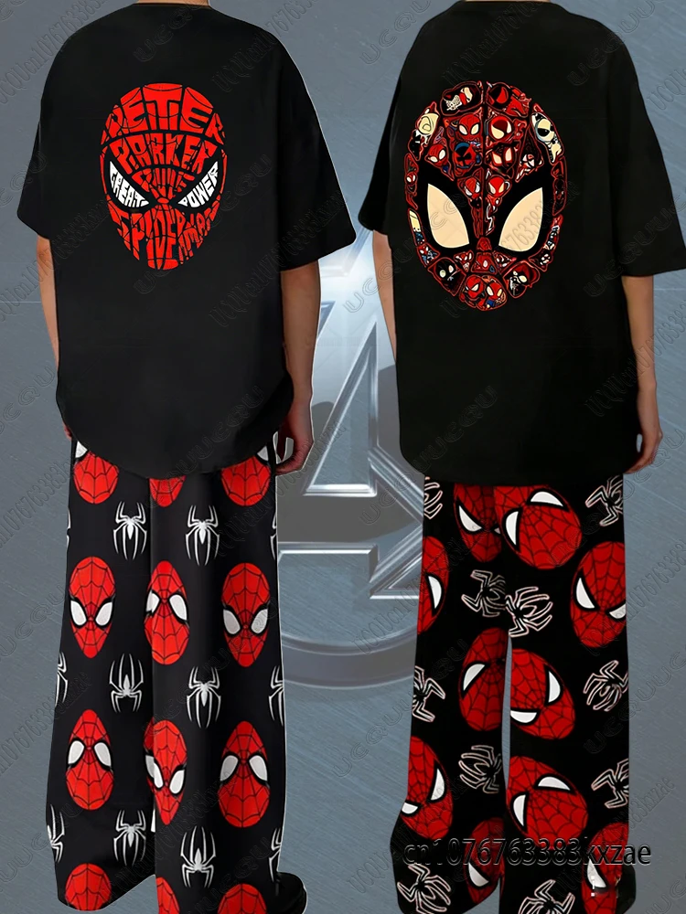 Camisetas de algodón con pijamas y pantalones de Spider-Man de Marvel, trajes de gran tamaño para adultos/niños, trajes familiares, novedad de 2026