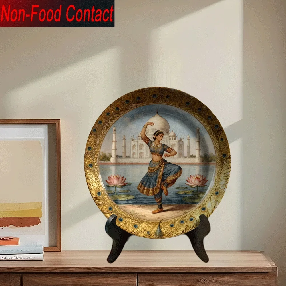 1pc Indian Taj Mahal & Kathak Dancer Ceramic Decorative Plate - Round Non-Food Contact Ornamental Dish, Indian Cultural Art