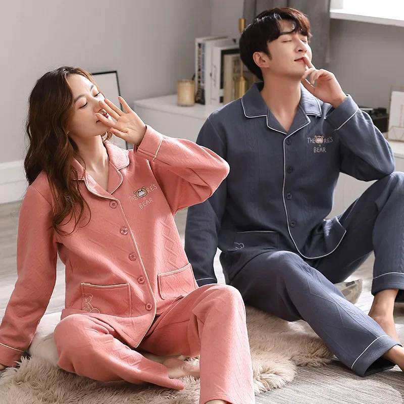 Big Size 3XL 4XL Three-layer Air Cotton Breathable Homewear for Couples Women and Men Matching Pajamas Set Mujer Hombre Dropship