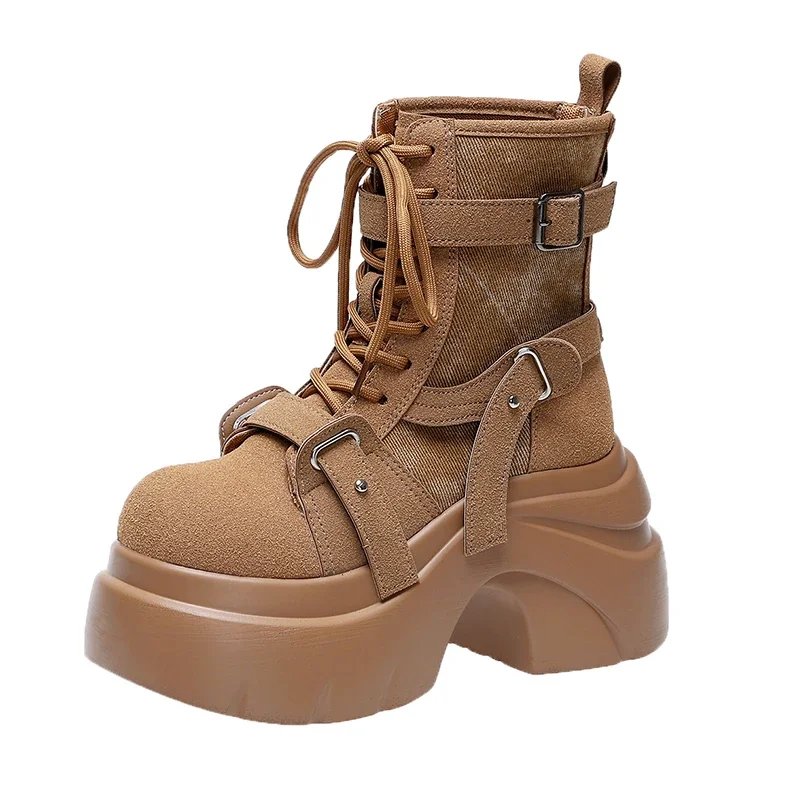 

Designer Women's Short Boots New Autumn Winter Suede Leather Chunky Boots Gladiator High Platfom Buckle Goth Boots Mujer Zapatos