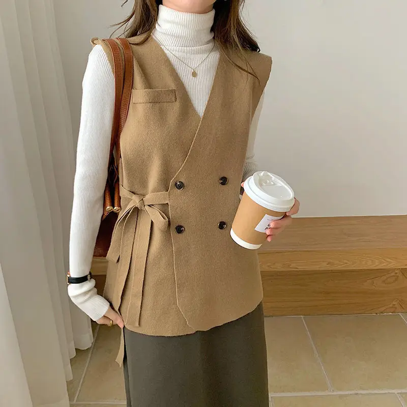 Women Korean Fashion Minimalist Lace Up Asymmetrical Chic Woolen Vest Jacket Office Lady Solid V Neck Sleeveless Loose Waistcoat