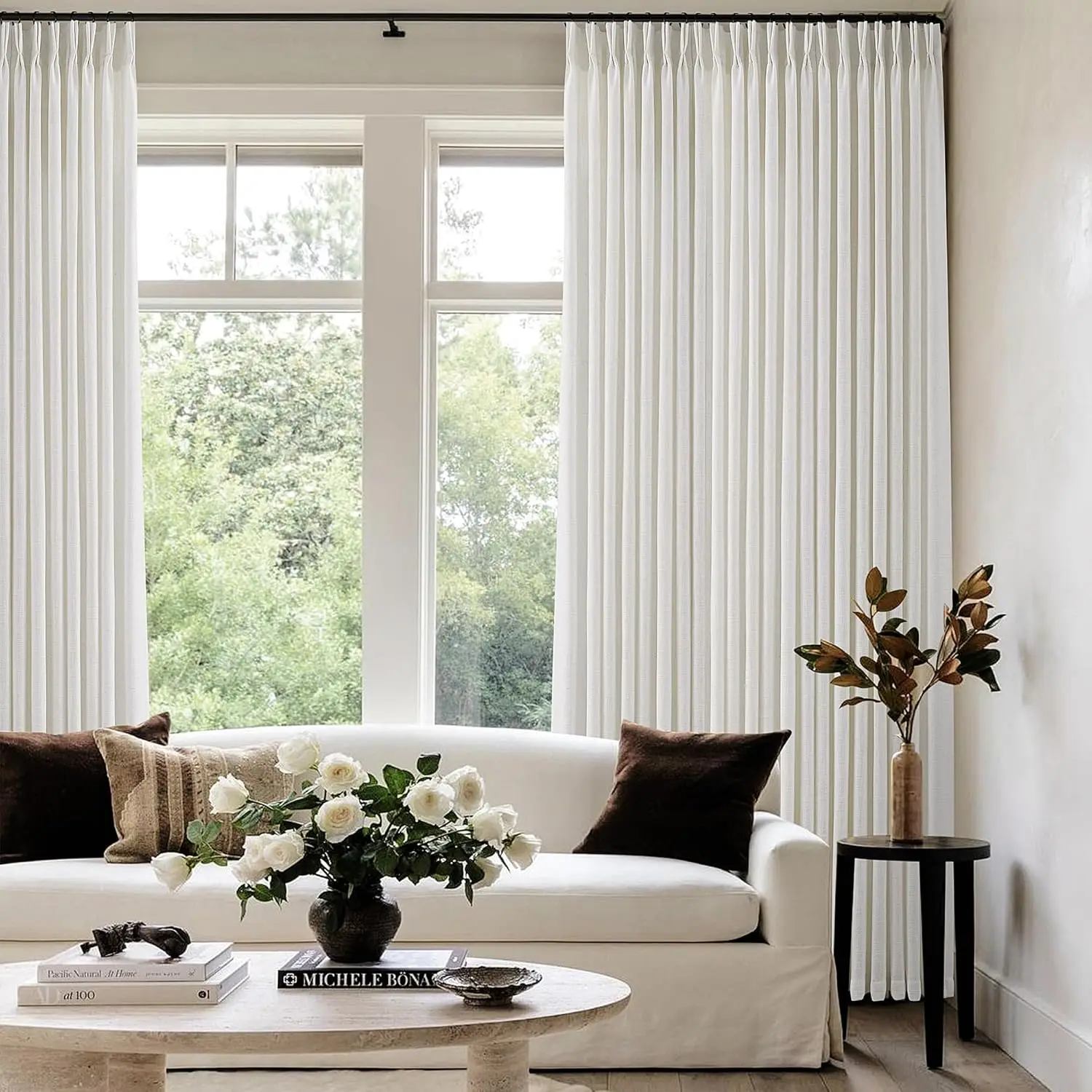 

Light Filtering Pleated Curtains 105 Inches Long for Living Room Bedroom Memory Shape Pinch Pleat Linen Drapes with Clips Rings