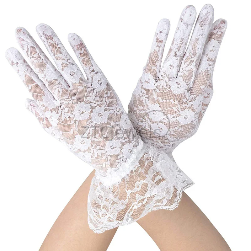 Gants courts en dentelle transparente pour femmes, Vintage, Derby Tea Party, longueur de poignet, gants floraux pour dîner, accessoires de Costume d'halloween