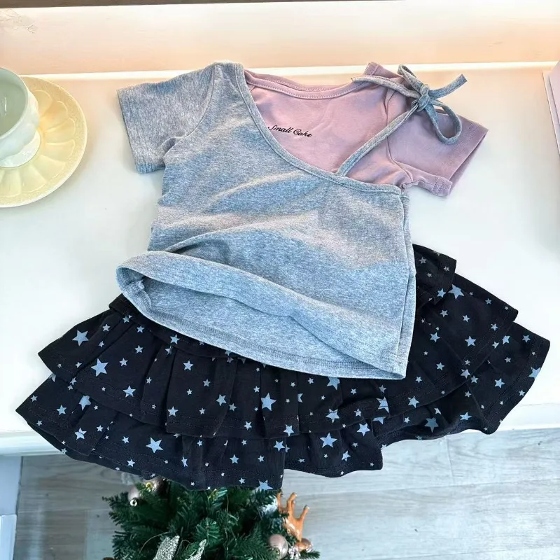RAISE Summer Kids Girls 2PCS Clothes Set Letter Patched Children Girls Top Suits Star Printed 2-8Y Baby Girls Pleated Cake Skirt