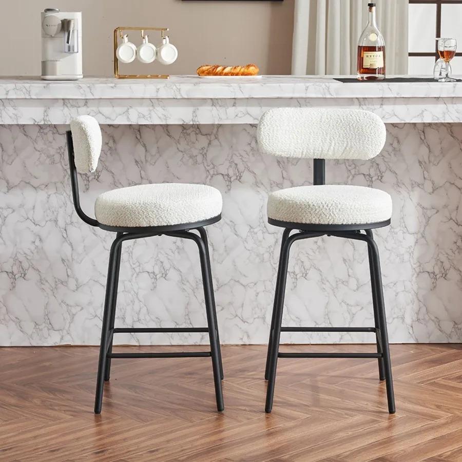 

Modern Swivel Bar Stools Set of 2 Boucle Upholstered Counter Height Bar Chairs with Metal Legs Footrest 360 Swivel Barstools fo