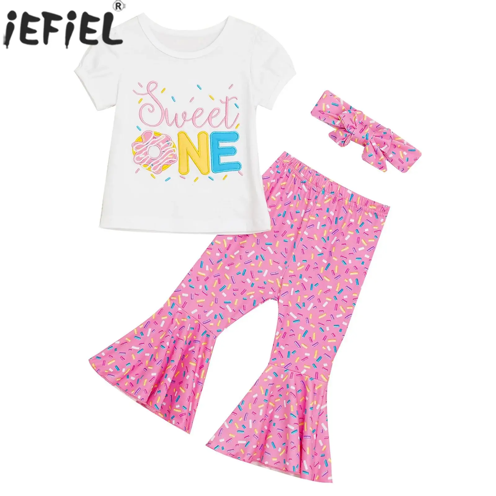 

6-18M Baby Girl Summer Sweet Costume Set Short Sleeve T-Shirt with Bell-bottom Pants Headband for 1st Birthday Photography Daily