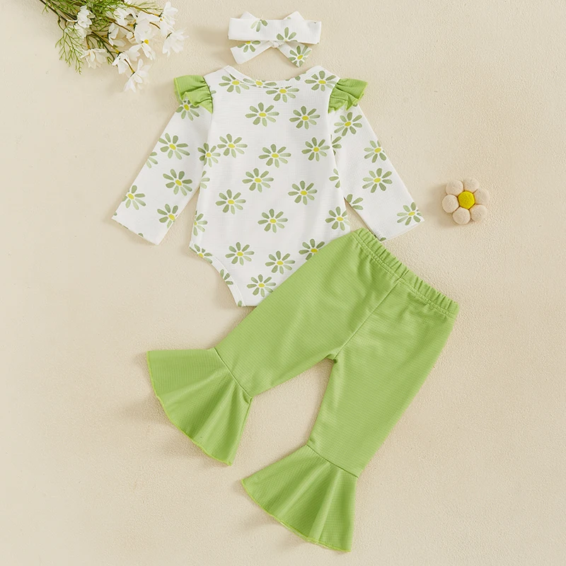 Combinaison à Manches sulfpour Bébé Fille, Vêtement de Printemps, Imprimé Floral, Gaufré, Pantalon Évasé de Couleur Unie, avec Nministériels d, Bandeau de Sauna