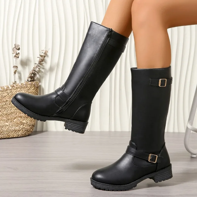 New Pu Leather Metal Buckle Decorated Leather Boots Fashion Outdoor Women's Black Thick Bottom Knight Mid-tube Cosplay Boots