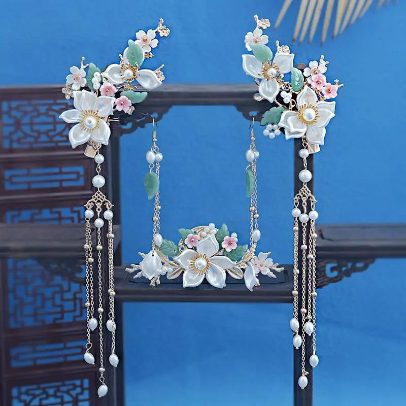 

Female Chinese Style Hanfu Hair Accessories for Women Girls New Headwear Tassels Pearls Flowers Hair Clip Headdress 5Pcs/Set