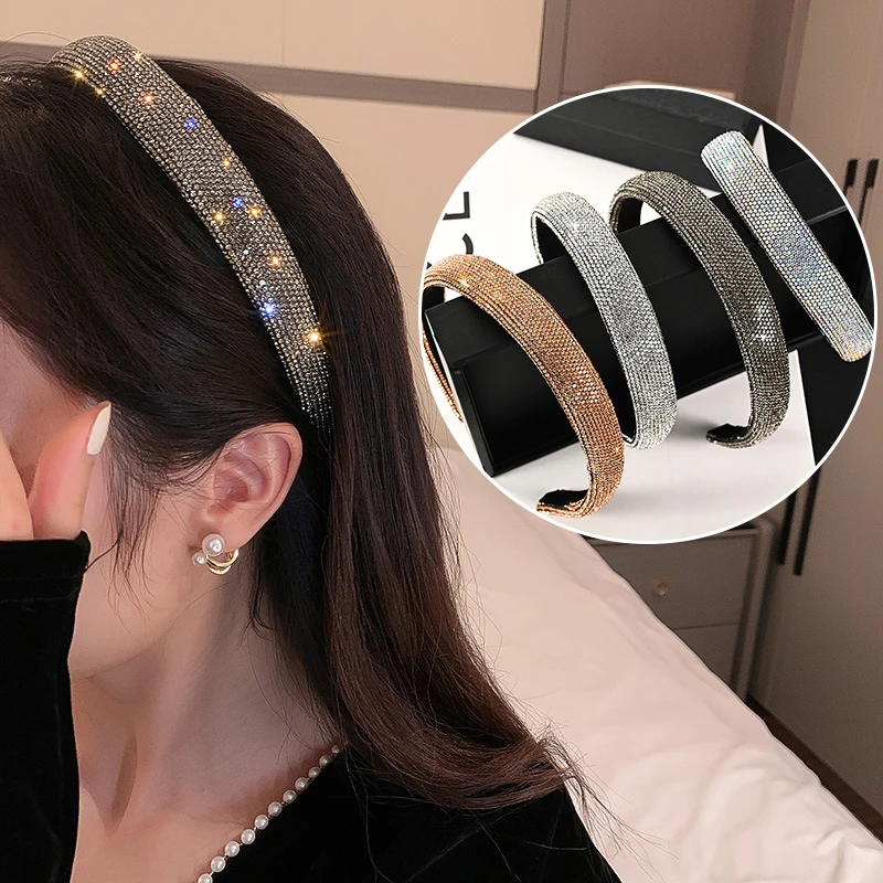 Retro Baroque Head Hoop Shiny Full Rhinestone Sponge Headband Crystal Hairbands Summer Headdress Hair Band Women Headwear