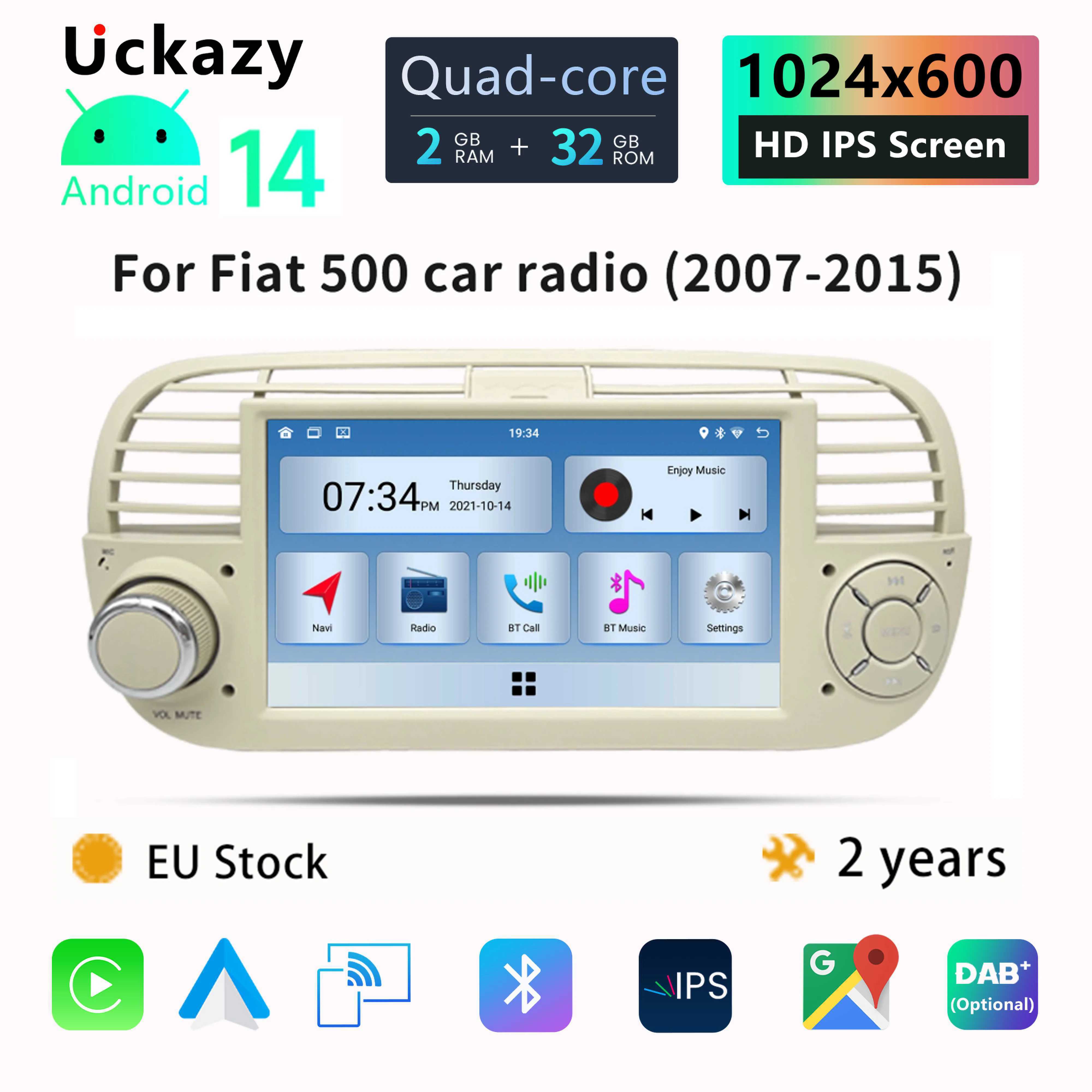 Wireless CarPlay Android 14 Auto Radio per FIAT 500 Abarth 2007 2008 2009 2010 2011 2012 2013 2014 2015 GPS 2din autoradio