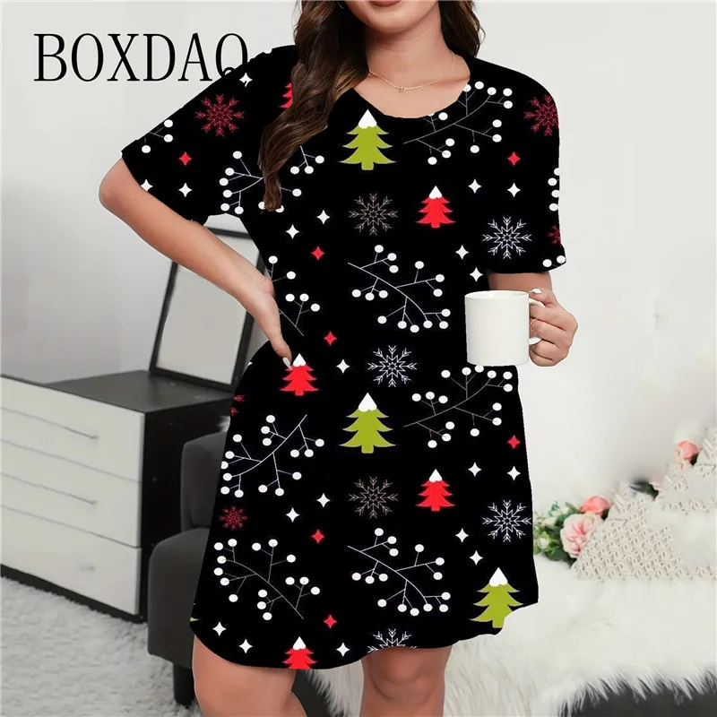 Shiny Stars Christmas Tree Print Dress Elegant Women Fashion Short Sleeve Loose A-Line Dress Plus Size Casual Party Mini Dresses